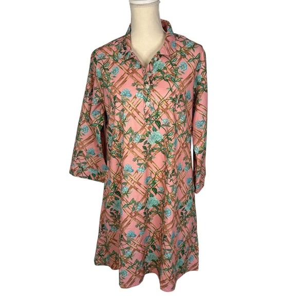 NWT Marigold By Victoria Dunn Pink Floral Print‎ Peasant Mini Shirt Dress Sz XL - Picture 2 of 11